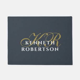 Monogram Navy Blue Gold White Minimalist Chic Men Doormat