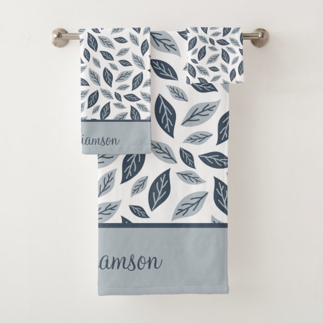 Monogram Navy Blue Grey Leaves Botanical Gift Bath Towel Set (Insitu)