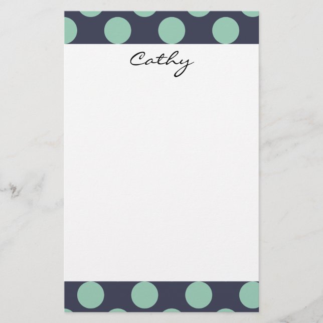Monogram Navy Blue Mint Green Polka Dot Pattern Stationery (Front)