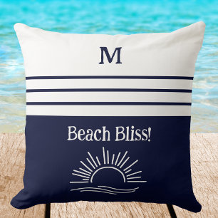 Monogram Navy Blue Nautical Stripes Beach House Cushion