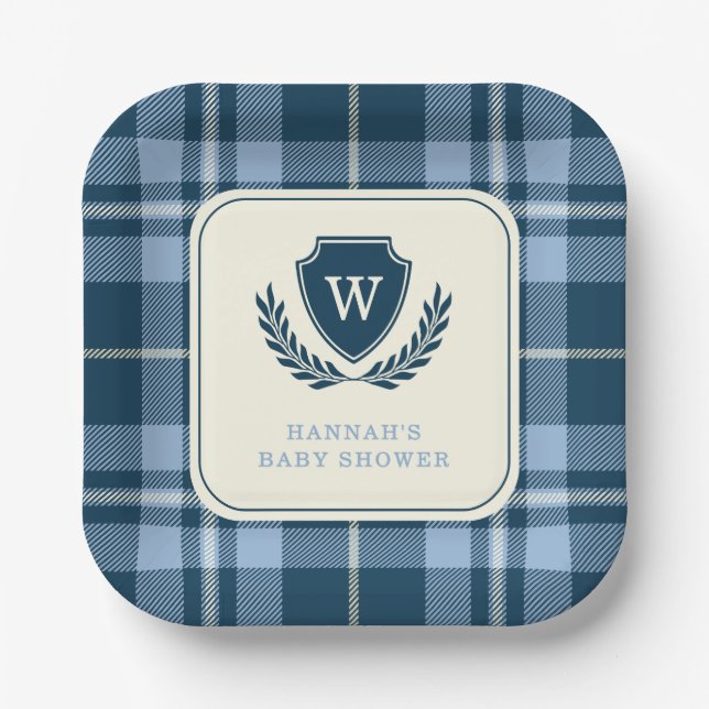 Monogram Navy Blue Plaid Baby Boy Shower Paper Plate (Front)