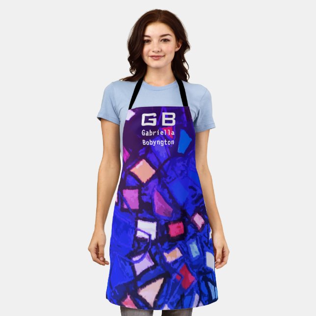 Monogram navy blue purple abstract pattern bright  apron (Worn)