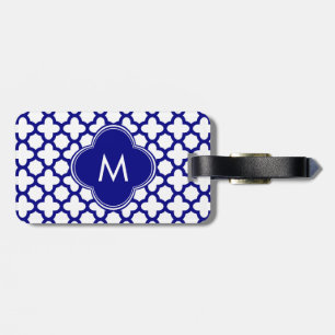 Monogram Navy Blue Quatrefoil Pattern Luggage Tag