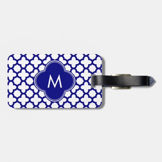 Monogram Navy Blue Quatrefoil Pattern Luggage Tag (Back Horizontal)