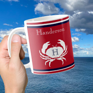 Monogram Navy Blue Red White Crab Nautical Coffee Mug