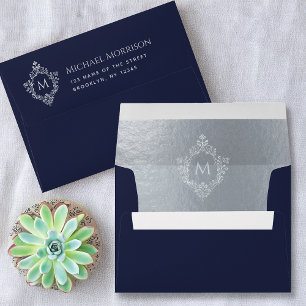 Monogram Navy Blue Silver Crest Return Address Envelope