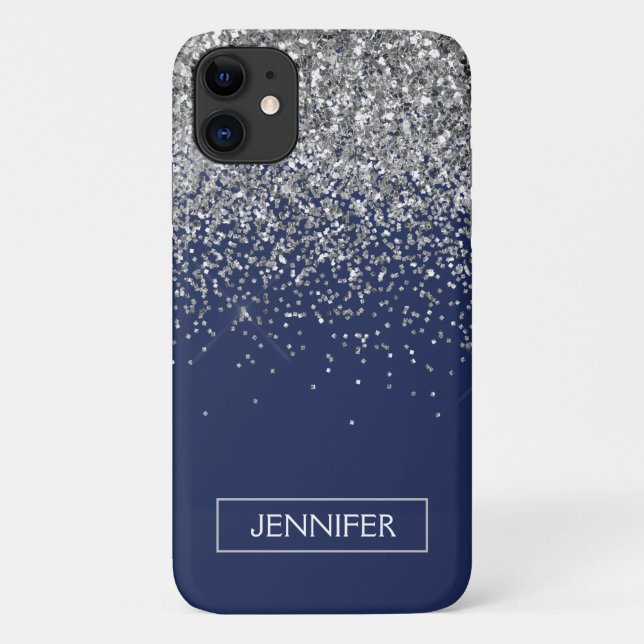Monogram Navy Blue Silver Glam Glitter Case-Mate iPhone Case (Back)
