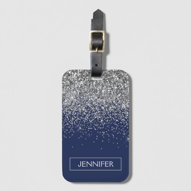 Monogram Navy Blue Silver Glam Glitter Luggage Tag (Front Vertical)