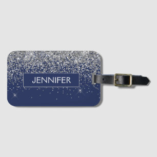 Monogram Navy Blue Silver Glam Glitter Luggage Tag