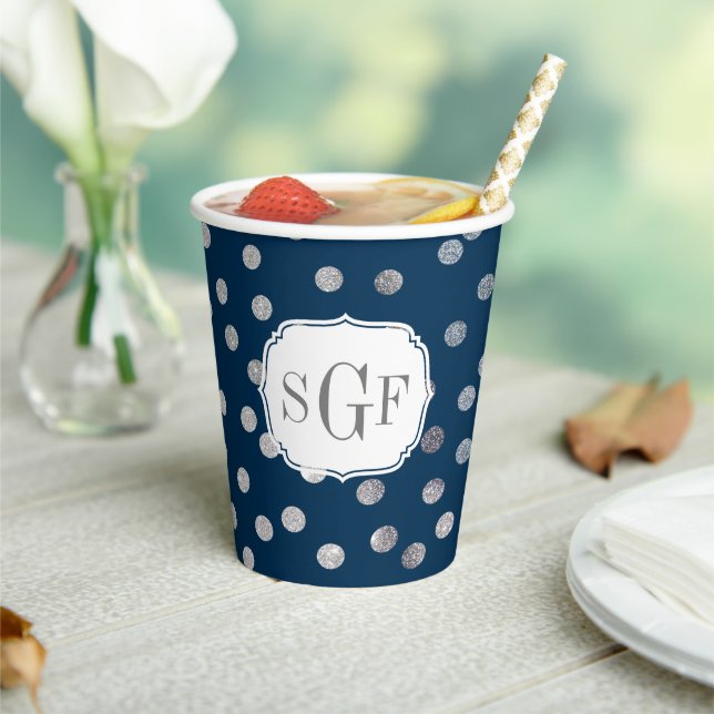 Monogram Navy Blue Silver Glitter Dot Pattern Paper Cups (Insitu)