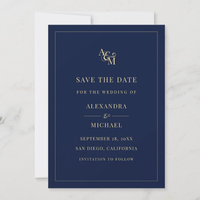 Monogram Navy Blue Simple Elegant Modern Wedding Save The Date (Front)