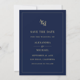 Monogram Navy Blue Simple Elegant Modern Wedding Save The Date