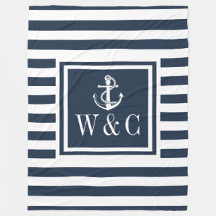Monogram Navy Blue Stripe Nautical Boat Anchor Fleece Blanket