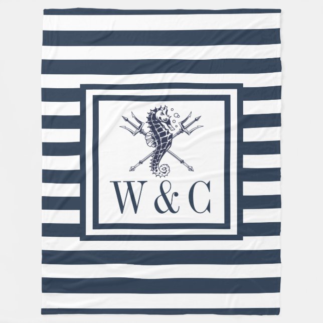 Monogram Navy Blue Stripe Nautical Seahorse Fleece Blanket (Front)