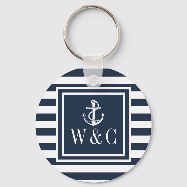 Monogram Navy Blue Striped Nautical Boat Anchor Key Ring (Front)