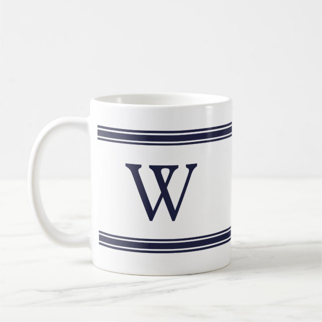Monogram Navy Blue Striped Personalised Mug (Left)
