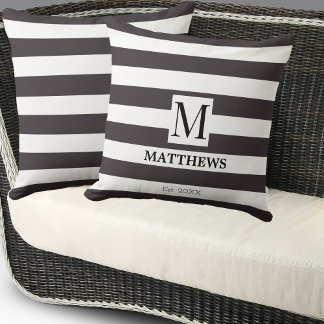 Monogram Navy Blue Stripes Family Name Beach House Cushion