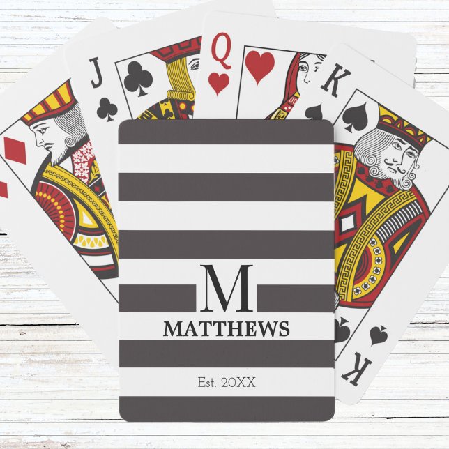 Monogram Navy Blue Stripes Nautical Family Name Playing Cards (Creator Uploaded)