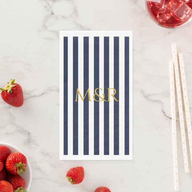 Monogram Navy Blue Stripes Striped Wedding Napkin (Insitu)