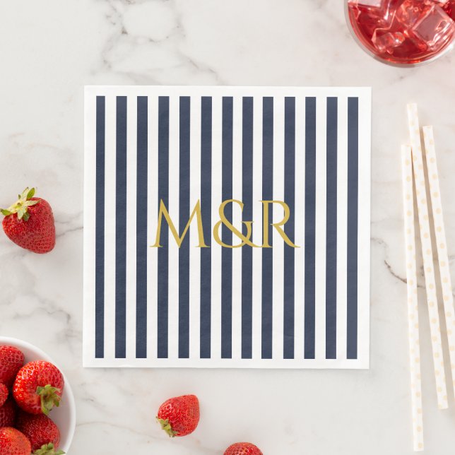 Monogram Navy Blue Stripes Striped Wedding Napkin (Insitu)