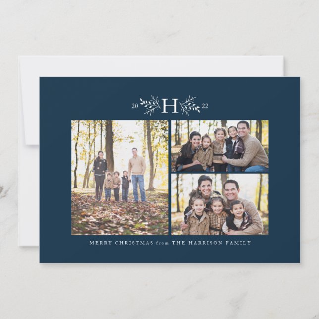 Monogram navy blue three-photo Christmas card (Front)