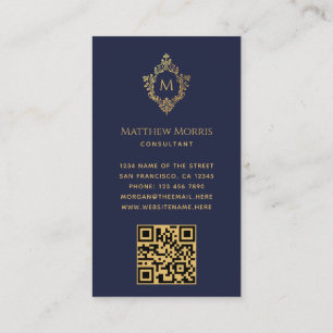 Monogram Navy Blue Vintage Faux Gold Crest QR Code Business Card