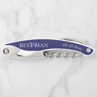 Monogram Navy Blue White Best Man Wedding Corkscrew