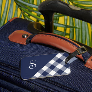 Monogram Navy Blue White Buffalo Check Geometric Luggage Tag