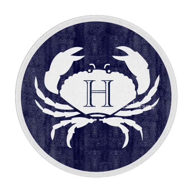 Monogram Navy Blue White Crab Nautical  Cutting Board (Front)