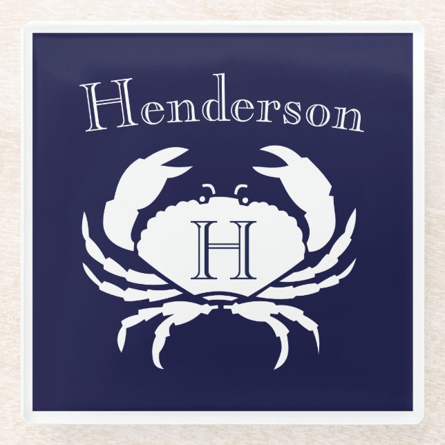 Monogram Navy Blue White Crab Nautical   Glass Coa Coaster (Front)