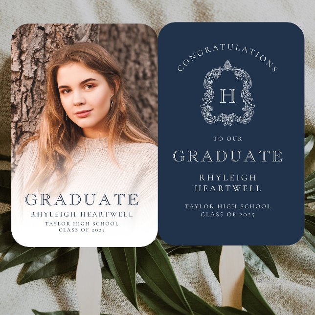 Monogram Navy Blue White Photo Graduation Hand Fan (Creator Uploaded)