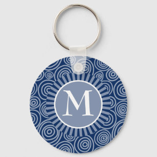 Monogram Navy Blue White Spirals - Personalised Key Ring