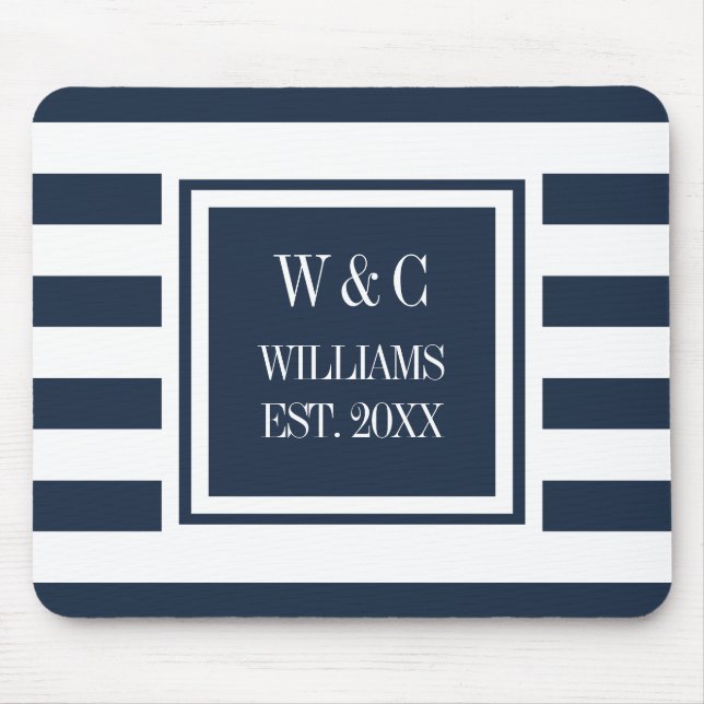 Monogram Navy Blue White Stripe Personalised Mouse Pad (Front)
