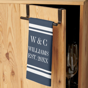 Monogram Navy Blue White Stripe Personalised Tea Towel