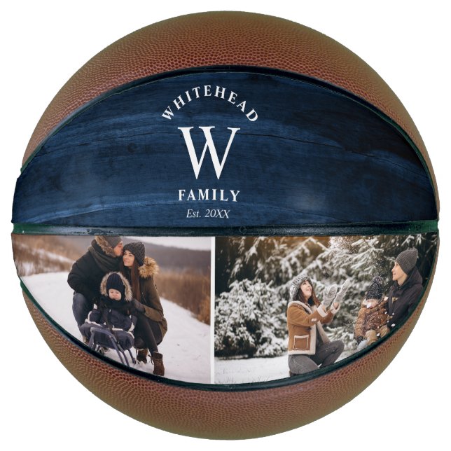 Monogram Navy Blue Wood Photo Collage Basketball (Front)