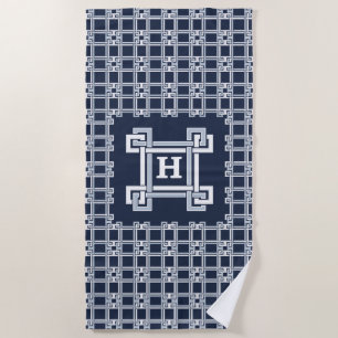 Monogram Navy Coastal Greek Key Pattern Beach Towel