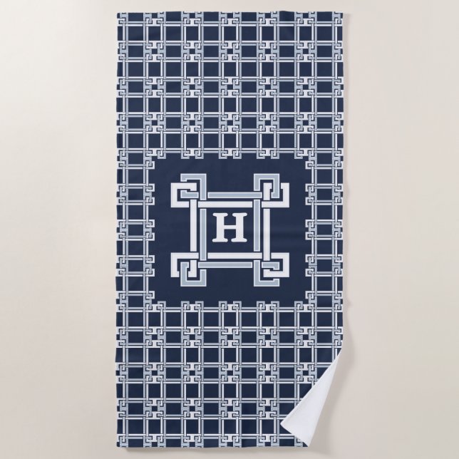 Monogram Navy Coastal Greek Key Pattern Beach Towel (Front)