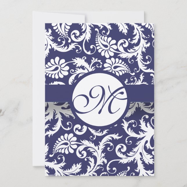 Monogram Navy Damask Swirls Wedding Invitation (Front)