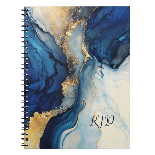 Monogram Navy Gold Alcohol Ink Watercolor Splash Notebook (Front)