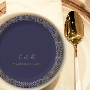 Monogram Navy Gold Design Wedding Reception Party Paper Plate