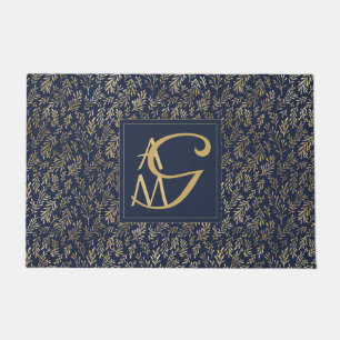 Monogram Navy Gold Leaf Newlyweds Home Decor Gift Doormat