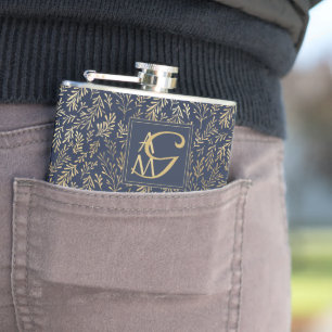 Monogram Navy Gold Leaf Newlyweds Home Decor Gift Hip Flask