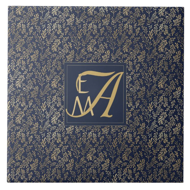 Monogram Navy Gold Leaf Newlyweds Home Decor Gift Tile (Front)