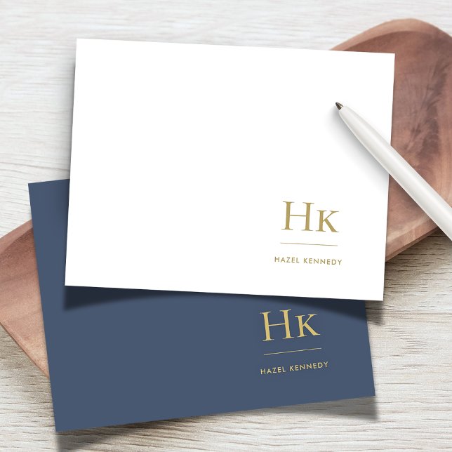 Monogram Navy Gold Simple Elegant Social Notecard (Creator Uploaded)