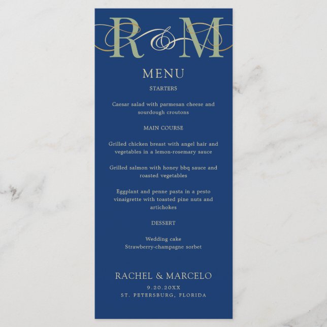 Monogram Navy Olive Sage Green Wedding Menu (Front)