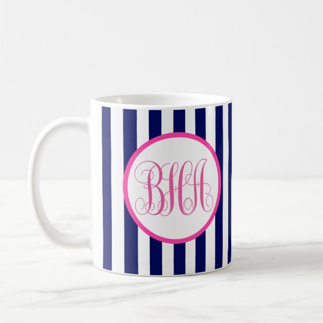 Monogram Navy Stripe Coffee Mug (Left)