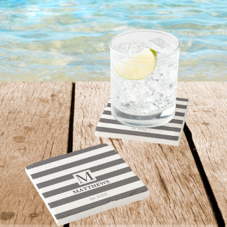 Monogram Navy Stripes Family Name Beach House Stone Coaster