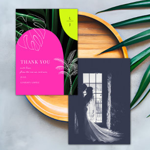Monogram Neon Arches Tropical Wedding Photo Thank You Card