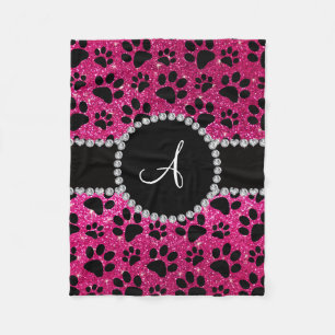 Monogram neon hot pink glitter dog paws fleece blanket