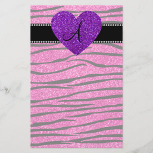Monogram neon hot pink glitter zebra stripes pink stationery